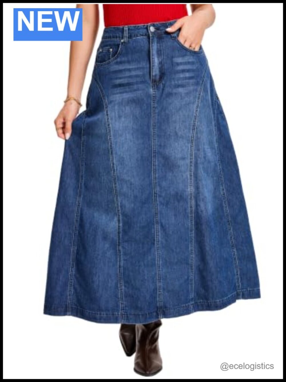 High Waisted Denim Maxi Skirt A-Line Distressed Jean Skirt